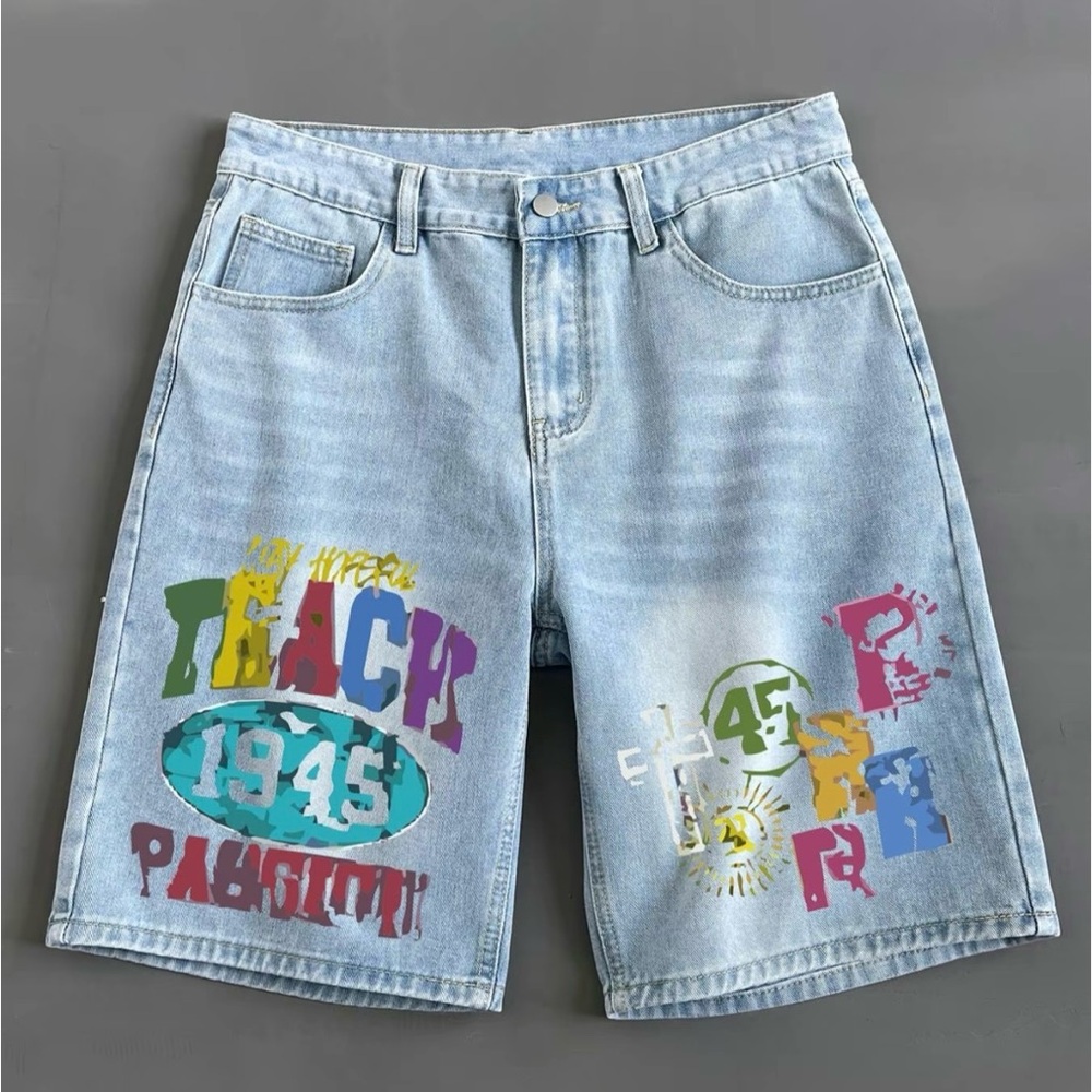 Playful Blue Jean Shorts with Colorful Designs